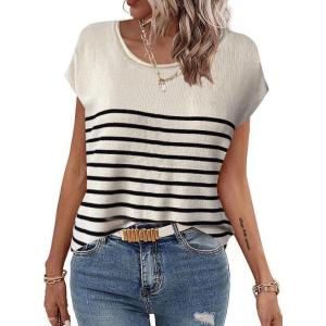 imageZeagoo Sweater Vest Women Crew Neck Loose Fit Knit Lightweight T Shirts Pullover Casual Summer OutfitsBlack Stripe Khaki