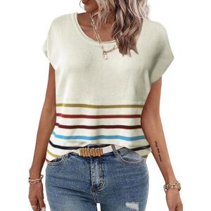 imageZeagoo Sweater Vest Women Crew Neck Loose Fit Knit Lightweight T Shirts Pullover Casual Summer OutfitsStripes Colorful Cream