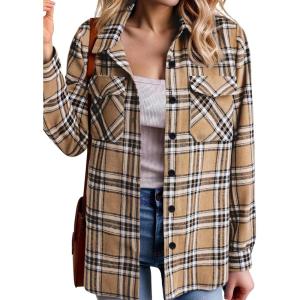 imageZeagoo Womens Button Down Flannel Shirts Long Sleeve Plaid Blouses Lightweight Business Dressy Casual Top with PocketsKhaki
