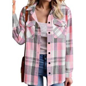imageZeagoo Womens Button Down Flannel Shirts Long Sleeve Plaid Blouses Lightweight Business Dressy Casual Top with PocketsPink