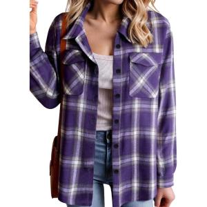 imageZeagoo Womens Button Down Flannel Shirts Long Sleeve Plaid Blouses Lightweight Business Dressy Casual Top with PocketsPurple