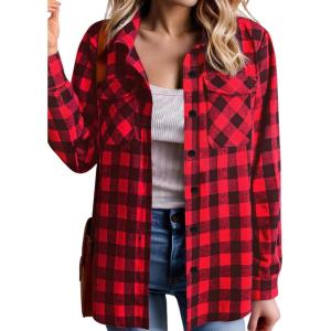 imageZeagoo Womens Button Down Flannel Shirts Long Sleeve Plaid Blouses Lightweight Business Dressy Casual Top with PocketsRed