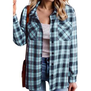 imageZeagoo Womens Button Down Flannel Shirts Long Sleeve Plaid Blouses Lightweight Business Dressy Casual Top with PocketsTeal Blue
