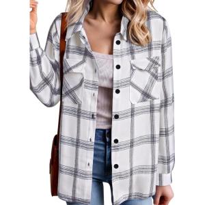 imageZeagoo Womens Button Down Flannel Shirts Long Sleeve Plaid Blouses Lightweight Business Dressy Casual Top with PocketsWhite