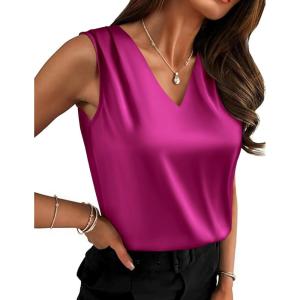 imageZeagoo Womens Silk Satin Camisole Tank Tops V Neck Pleated Dressy Casual Sleeveless Blouses Summer Business Work ShirtsRose Red