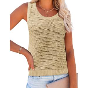 imageZeagoo Womens Summer Crochet Sleeveless Sweater Vest Round Neck Hollow Out Knit Tank Tops Casual Loose Cami TopsLight Khaki