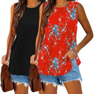 imageZeagoo Womens Summer Tops Dressy Casual High Neck Sleeveless Shirts Basic Loose Fit Tank Tops Beach Vacation 2 PackBlackred Flower