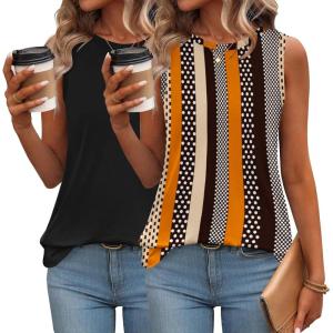 imageZeagoo Womens Summer Tops Dressy Casual High Neck Sleeveless Shirts Basic Loose Fit Tank Tops Beach Vacation 2 PackFblackkhaki Stripe