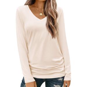 imageZeagoo Womens T Shirts Long Sleeve V Neck Basic Tee Casual Loose Fit Soft Fall Tops Outfits 2025 SXXLApricot