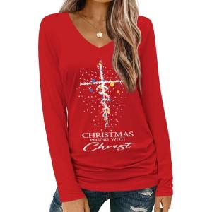 imageZeagoo Womens T Shirts Long Sleeve V Neck Basic Tee Casual Loose Fit Soft Fall Tops Outfits 2025 SXXLChristmas Cross