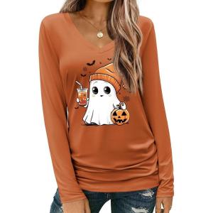 imageZeagoo Womens T Shirts Long Sleeve V Neck Basic Tee Casual Loose Fit Soft Fall Tops Outfits 2025 SXXLOrange Spooky