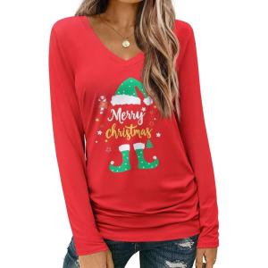 imageZeagoo Womens T Shirts Long Sleeve V Neck Basic Tee Casual Loose Fit Soft Fall Tops Outfits 2025 SXXLRed Christmas