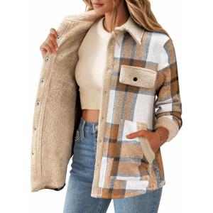 imageZeagoo Womens Flannel Jacket Fleece Lined Shacket Fall Outfits Plaid Sherpa Button Down Cozy Warm Winter Coat SXXLApricot Slim Fit  a Size Up for Relaxed Fit