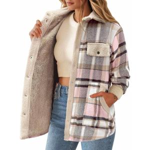imageZeagoo Womens Flannel Jacket Fleece Lined Shacket Fall Outfits Plaid Sherpa Button Down Cozy Warm Winter Coat SXXLGrey Pink Slim Fit  a Size Up for Relaxed Fit