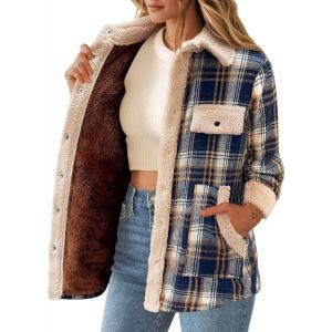 imageZeagoo Womens Flannel Jacket Fleece Lined Shacket Fall Outfits Plaid Sherpa Button Down Cozy Warm Winter Coat SXXLNavy Blue Slim Fit  a Size Up for Relaxed Fit