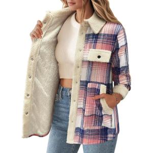 imageZeagoo Womens Flannel Jacket Fleece Lined Shacket Fall Outfits Plaid Sherpa Button Down Cozy Warm Winter Coat SXXLPink Slim Fit  a Size Up for Relaxed Fit