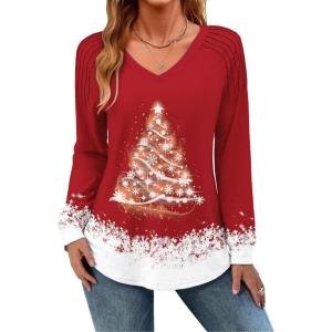 imageZeagoo Womens Long Sleeve Tops V Neck Pleated Shirts Dressy Casual Blouses Fall Fashion Tunic Clothes 2025 TShirts01floral Christmas 1
