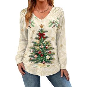 imageZeagoo Womens Long Sleeve Tops V Neck Pleated Shirts Dressy Casual Blouses Fall Fashion Tunic Clothes 2025 TShirts01floral Christmas 2