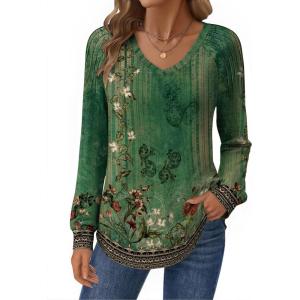 imageZeagoo Womens Long Sleeve Tops V Neck Pleated Shirts Dressy Casual Blouses Fall Fashion Tunic Clothes 2025 TShirts01green Floral
