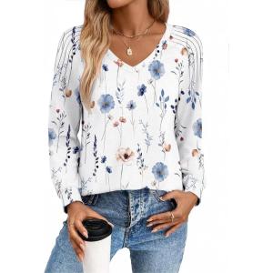 imageZeagoo Womens Long Sleeve Tops V Neck Pleated Shirts Dressy Casual Blouses Fall Fashion Tunic Clothes 2025 TShirts01white Floral