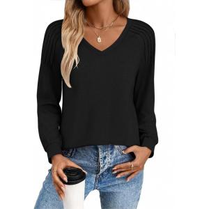 imageZeagoo Womens Long Sleeve Tops V Neck Pleated Shirts Dressy Casual Blouses Fall Fashion Tunic Clothes 2025 TShirtsBlack