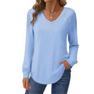 imageZeagoo Womens Long Sleeve Tops V Neck Pleated Shirts Dressy Casual Blouses Fall Fashion Tunic Clothes 2025 TShirtsBlue