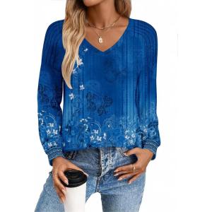 imageZeagoo Womens Long Sleeve Tops V Neck Pleated Shirts Dressy Casual Blouses Fall Fashion Tunic Clothes 2025 TShirtsBlue Floral