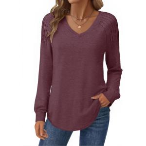 imageZeagoo Womens Long Sleeve Tops V Neck Pleated Shirts Dressy Casual Blouses Fall Fashion Tunic Clothes 2025 TShirtsDeep Red