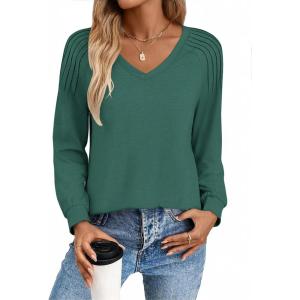 imageZeagoo Womens Long Sleeve Tops V Neck Pleated Shirts Dressy Casual Blouses Fall Fashion Tunic Clothes 2025 TShirtsGreen