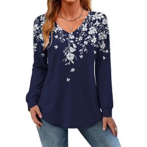 imageZeagoo Womens Long Sleeve Tops V Neck Pleated Shirts Dressy Casual Blouses Fall Fashion Tunic Clothes 2025 TShirtsNavy Floral