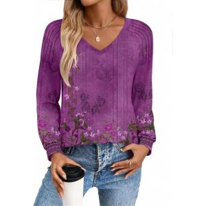 imageZeagoo Womens Long Sleeve Tops V Neck Pleated Shirts Dressy Casual Blouses Fall Fashion Tunic Clothes 2025 TShirtsPurple Floral 1