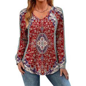 imageZeagoo Womens Long Sleeve Tops V Neck Pleated Shirts Dressy Casual Blouses Fall Fashion Tunic Clothes 2025 TShirtsRed Floral