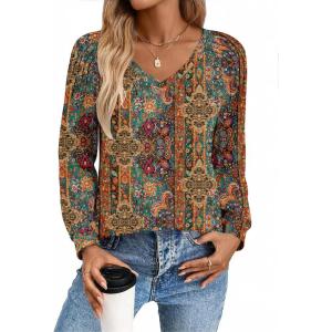 imageZeagoo Womens Long Sleeve Tops V Neck Pleated Shirts Dressy Casual Blouses Fall Fashion Tunic Clothes 2025 TShirtsVintage Floral