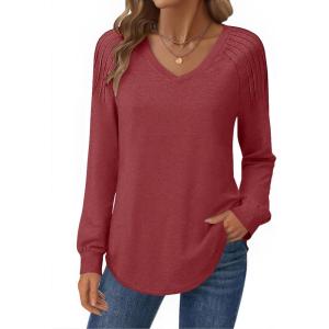 imageZeagoo Womens Long Sleeve Tops V Neck Pleated Shirts Dressy Casual Blouses Fall Fashion Tunic Clothes 2025 TShirtsWine Red
