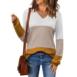 imageZeagoo Womens 2025 Fall Sweaters Casual Long Sleeve Ribbed Knit Pullover V Neck Lightweight Crochet Pullover Sweater TopColorblock 561