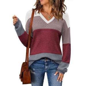 imageZeagoo Womens 2025 Fall Sweaters Casual Long Sleeve Ribbed Knit Pullover V Neck Lightweight Crochet Pullover Sweater TopColorblock 562