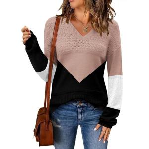 imageZeagoo Womens 2025 Fall Sweaters Casual Long Sleeve Ribbed Knit Pullover V Neck Lightweight Crochet Pullover Sweater TopColorblock Jh550
