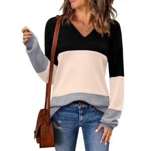 imageZeagoo Womens 2025 Fall Sweaters Casual Long Sleeve Ribbed Knit Pullover V Neck Lightweight Crochet Pullover Sweater TopColorblock Jh558