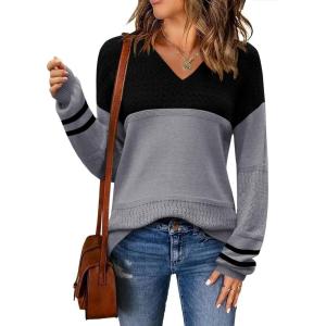 imageZeagoo Womens 2025 Fall Sweaters Casual Long Sleeve Ribbed Knit Pullover V Neck Lightweight Crochet Pullover Sweater TopColorblock Tz172