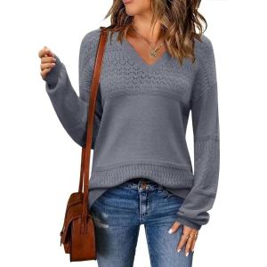 imageZeagoo Womens 2025 Fall Sweaters Casual Long Sleeve Ribbed Knit Pullover V Neck Lightweight Crochet Pullover Sweater TopDeep Gray