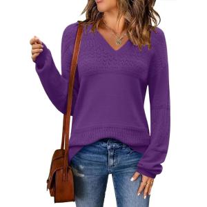 imageZeagoo Womens 2025 Fall Sweaters Casual Long Sleeve Ribbed Knit Pullover V Neck Lightweight Crochet Pullover Sweater TopDeep Purple