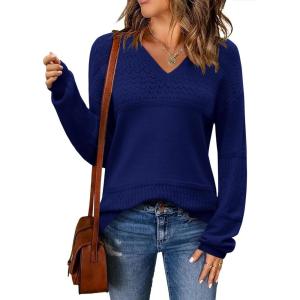 imageZeagoo Womens 2025 Fall Sweaters Casual Long Sleeve Ribbed Knit Pullover V Neck Lightweight Crochet Pullover Sweater TopNavy Blue