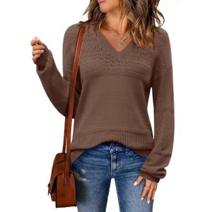 imageZeagoo Womens 2025 Fall Sweaters Casual Long Sleeve Ribbed Knit Pullover V Neck Lightweight Crochet Pullover Sweater TopNutmeg