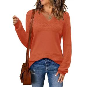 imageZeagoo Womens 2025 Fall Sweaters Casual Long Sleeve Ribbed Knit Pullover V Neck Lightweight Crochet Pullover Sweater TopOrange