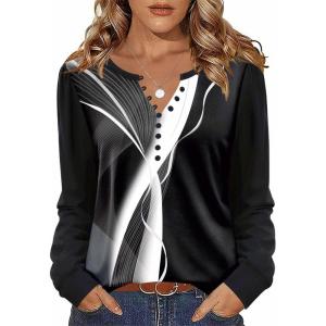 imageZeagoo Fall Tops for Women Long Sleeve Button Up Shirts Floral Tunics V Neck Pullover BlouseBlack Colorblock
