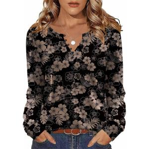imageZeagoo Fall Tops for Women Long Sleeve Button Up Shirts Floral Tunics V Neck Pullover BlouseBrown Floral