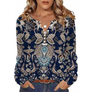 imageZeagoo Fall Tops for Women Long Sleeve Button Up Shirts Floral Tunics V Neck Pullover BlouseEthnic Black