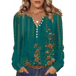imageZeagoo Fall Tops for Women Long Sleeve Button Up Shirts Floral Tunics V Neck Pullover BlouseGreen Floral 02