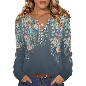 imageZeagoo Fall Tops for Women Long Sleeve Button Up Shirts Floral Tunics V Neck Pullover BlouseGreygreen Floral