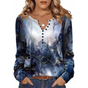 imageZeagoo Fall Tops for Women Long Sleeve Button Up Shirts Floral Tunics V Neck Pullover BlouseMixed Blue